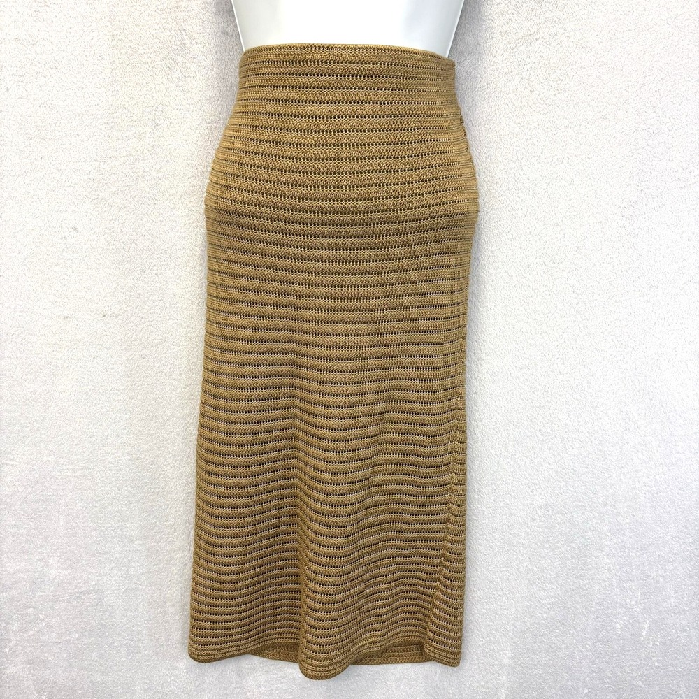 Lauren Ralph Lauren Crochet Knit Midi Skirt Womens Petite Small PS Gold Stretch